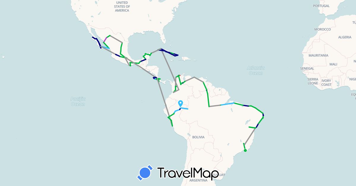 TravelMap itinerary: driving, bus, plane, train, hiking, boat, motorbike in Brazil, Colombia, Costa Rica, Cuba, Mexico, Peru, Venezuela (North America, South America)